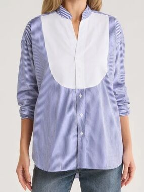 Frank & Eileen Victoria Surplice Neck ButtonUp Shirt BLUE STRIPEWHITE BIB Medium